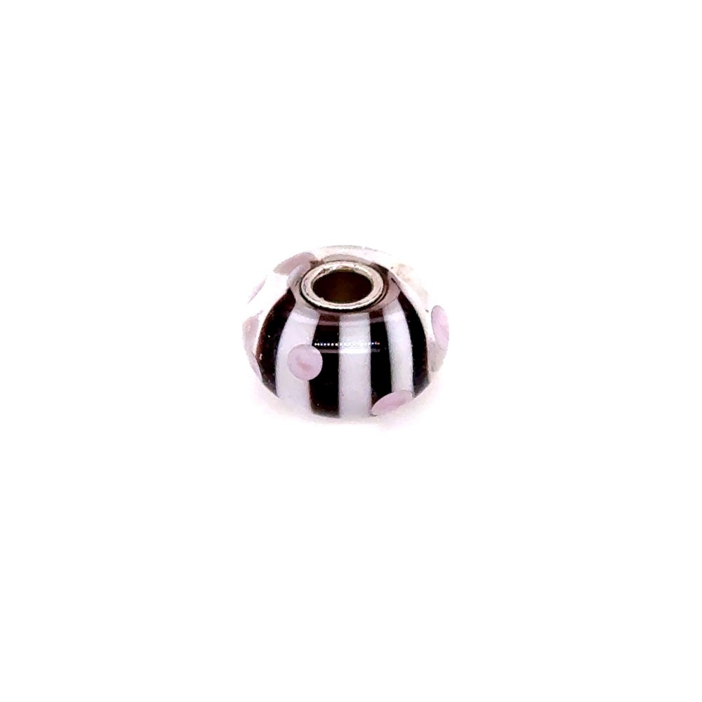 Trollbeads Black White Stripe Pink Polka Dot Glass Charm Sterling Silver Core
